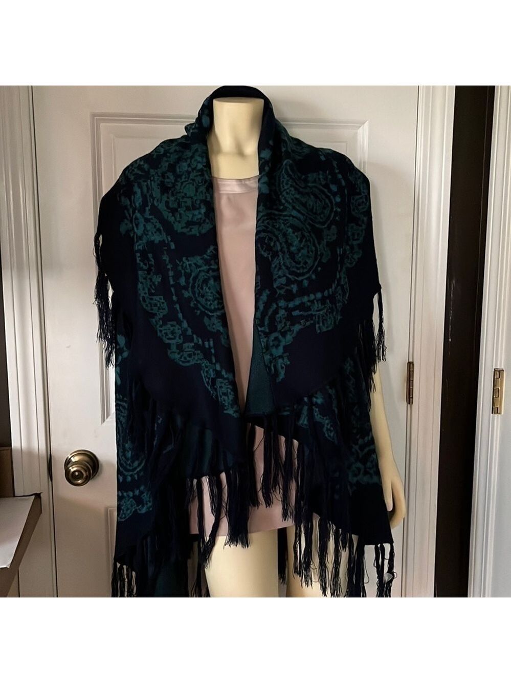 𝅺catherine’s Fringed Navy Teal Shawl Shrug Cape OS